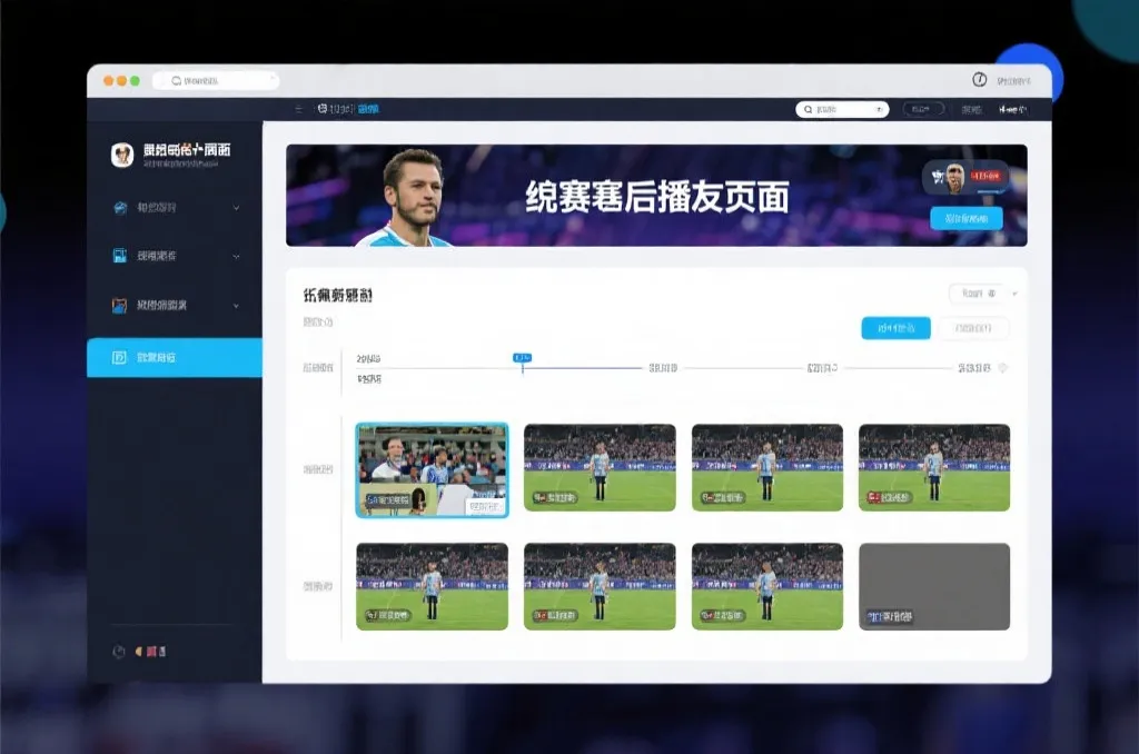 比赛结束后，电视屏幕展示集锦回放页面，旁边有时间轴和多角度切换提示